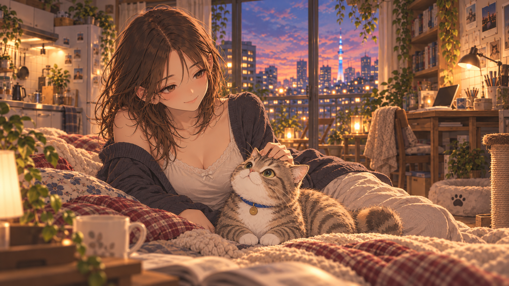 Mio and Mugi relaxing together in their apartment at twilight, city lights through the window