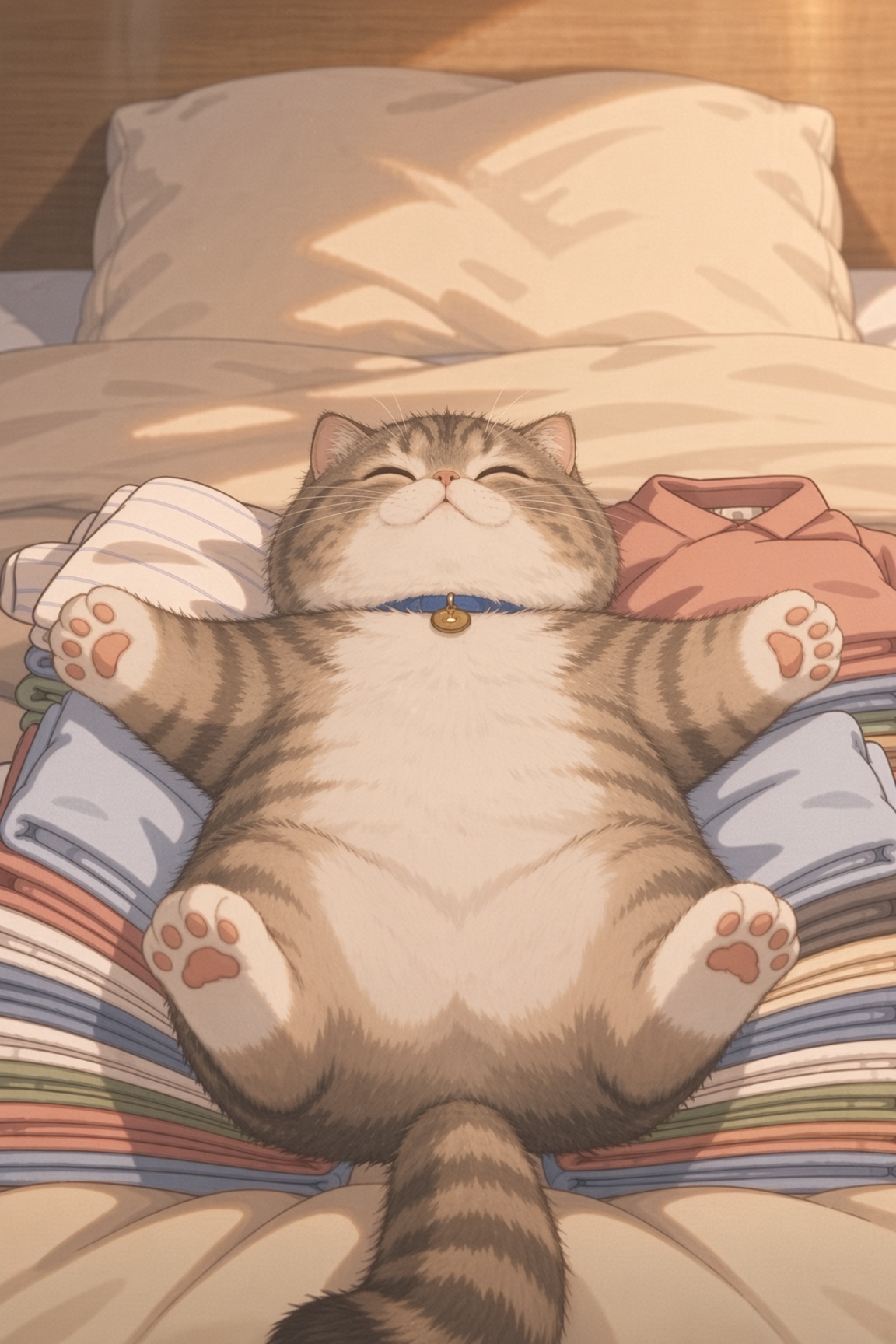 Mugi sprawled happily on a pile of folded laundry
