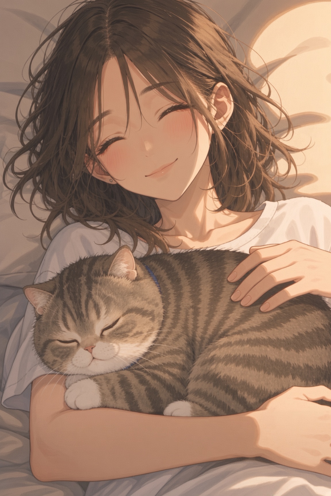 Mio asleep in bed, hugging Mugi