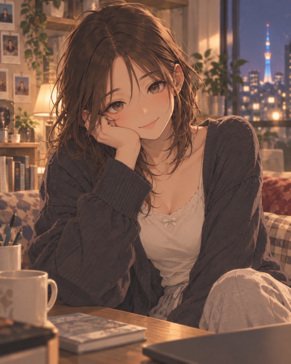 Mio smiling, chin resting on her hand, in a lamp-lit room
