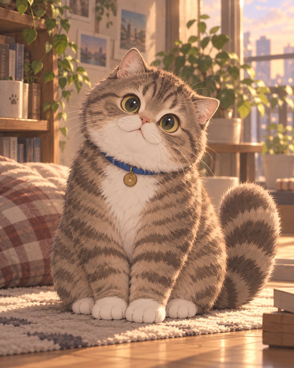 Mugi the round tabby cat sitting on a rug in golden light