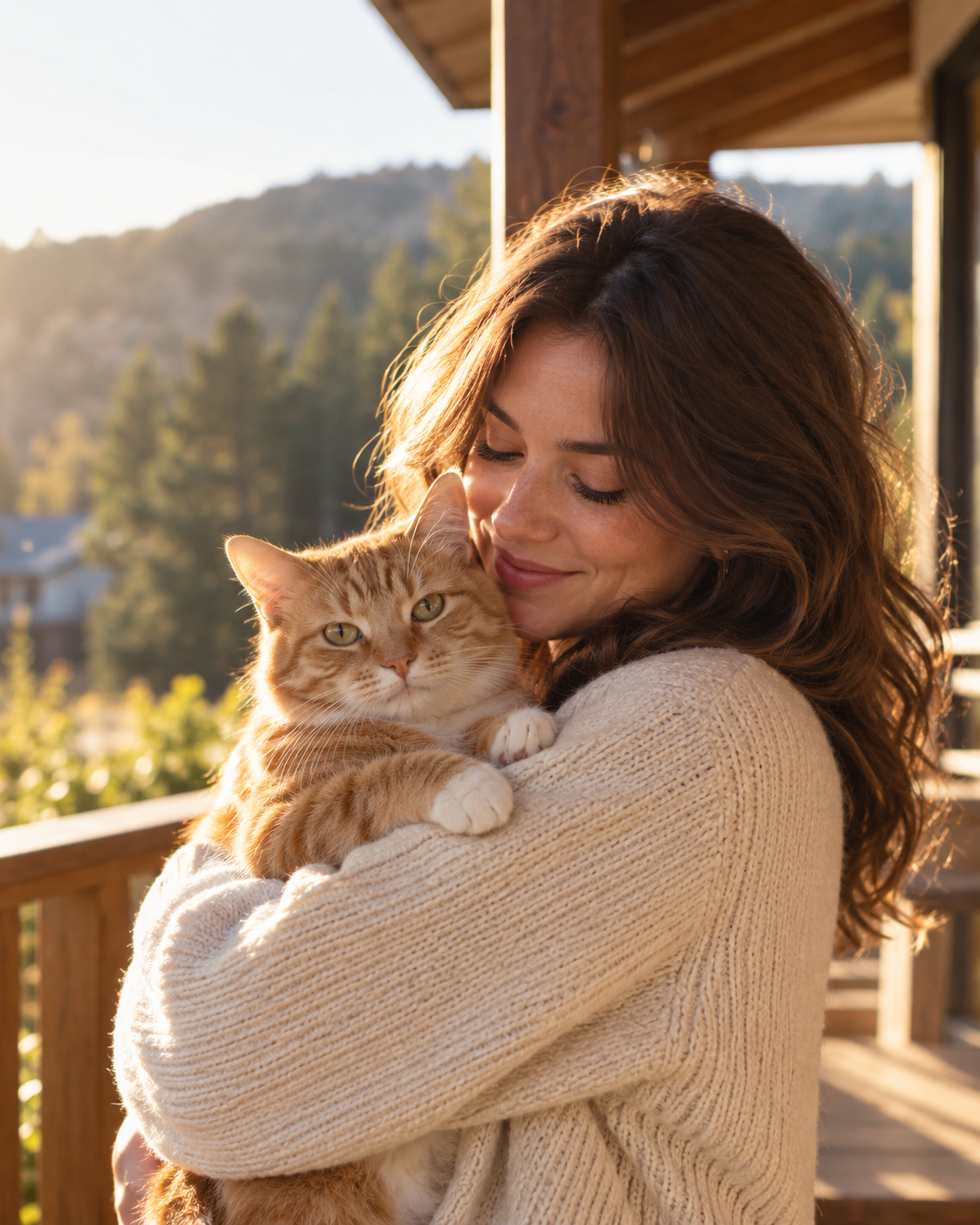 Reference photo of a woman hugging her orange cat on a sunlit porch
