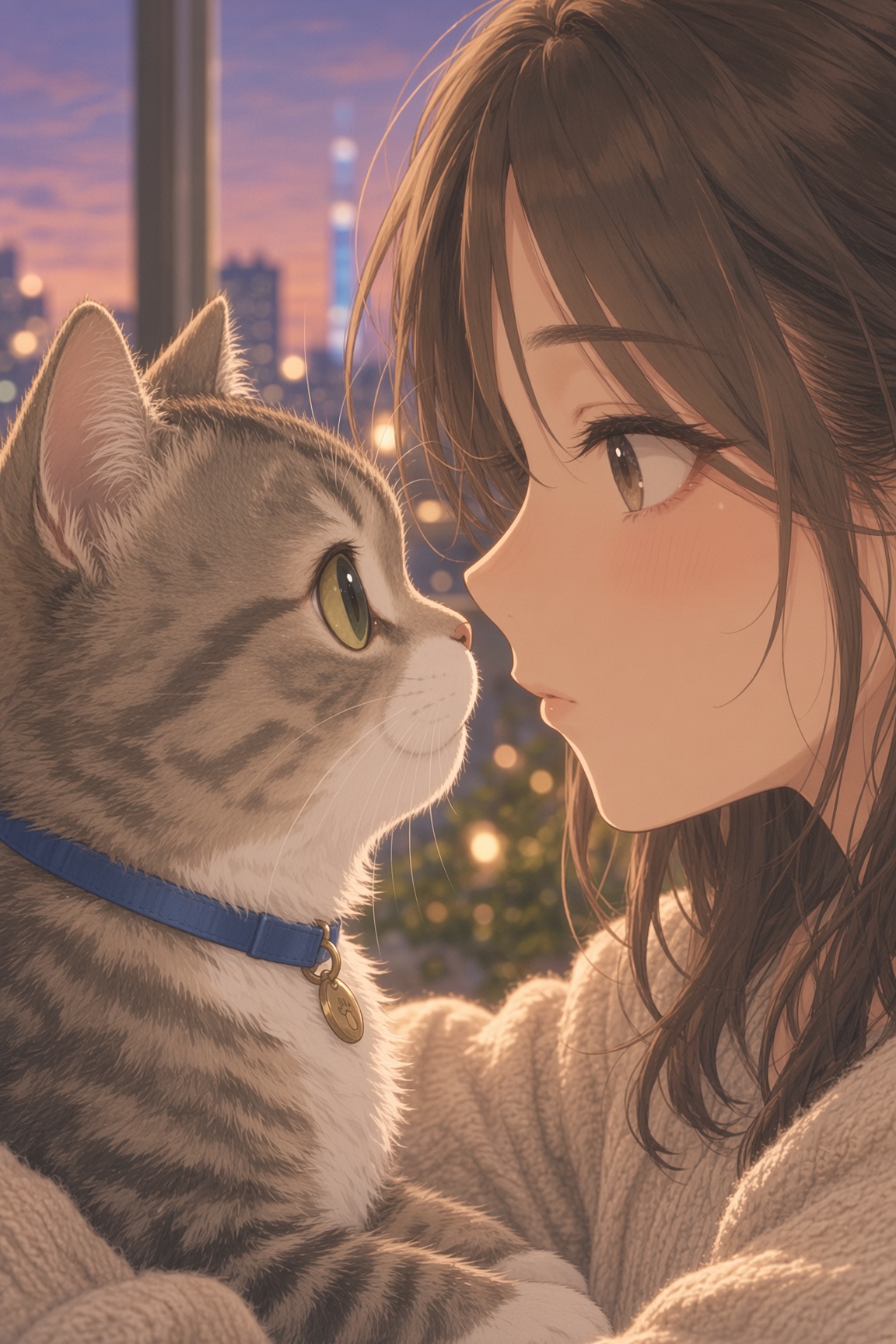 Mio and Mugi nose to nose in front of a twilight city window