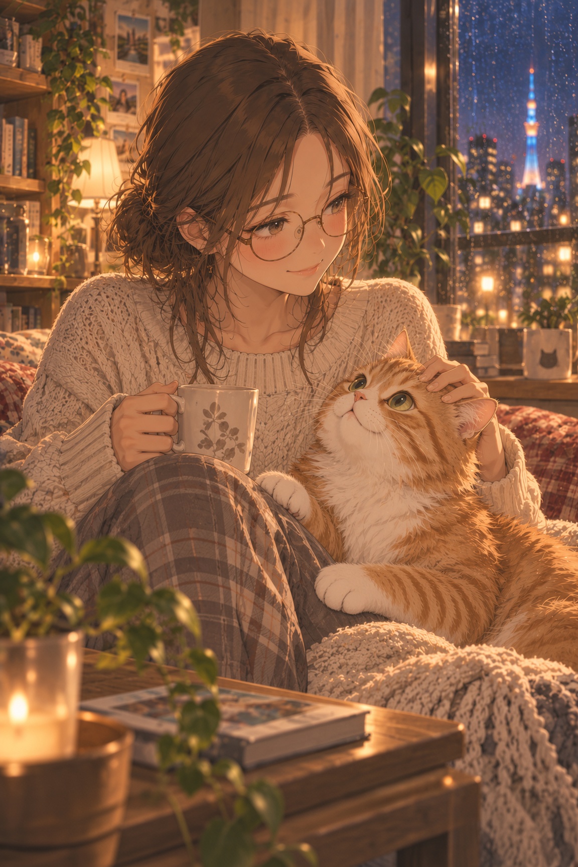 Anime illustration of a woman in glasses holding a mug and petting her orange cat on a cozy couch on a rainy night
