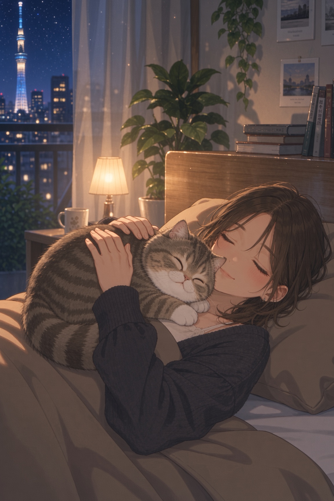 Mio and Mugi cuddling in bed with their eyes closed