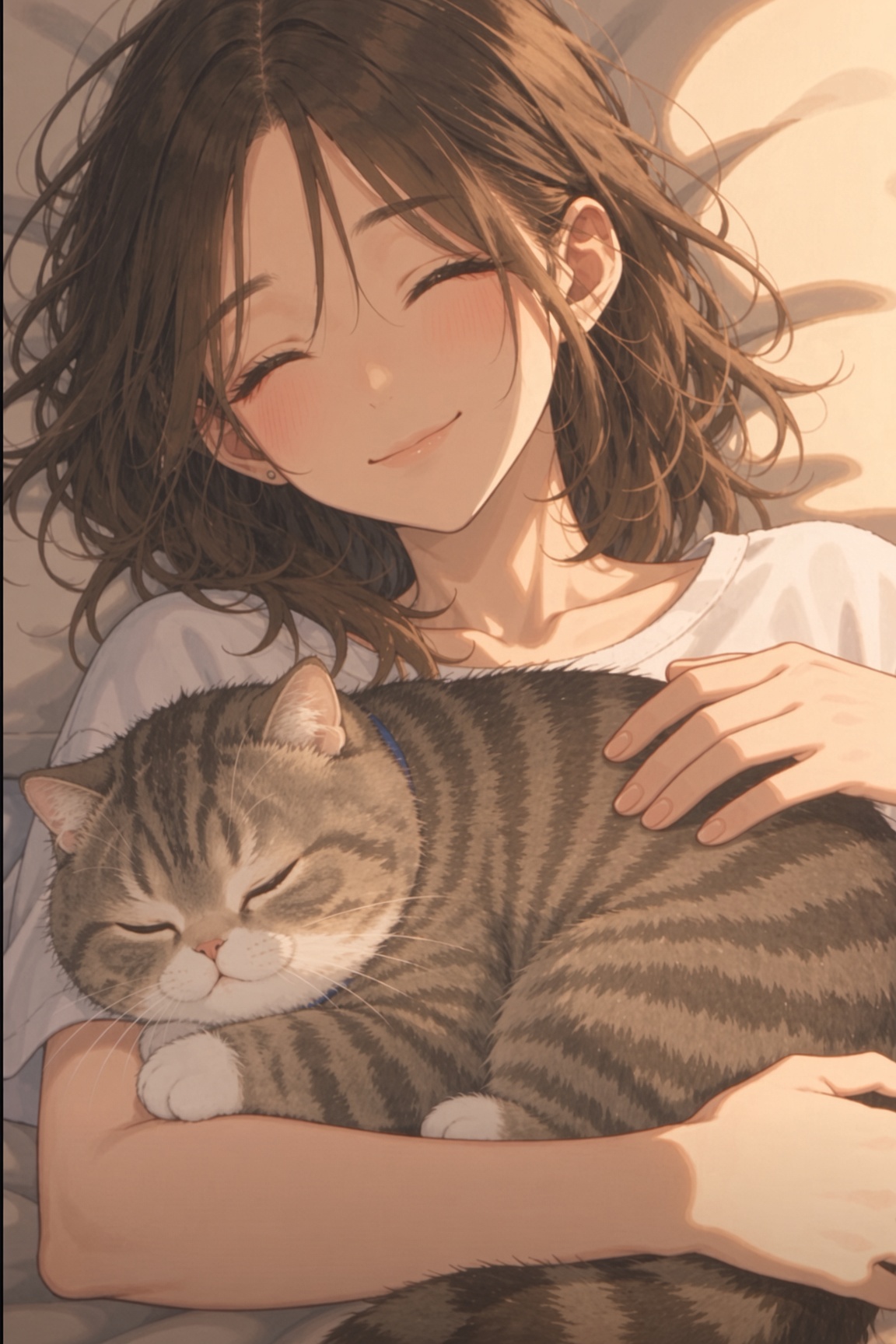 Mio asleep in bed, smiling, with Mugi curled up in her arms