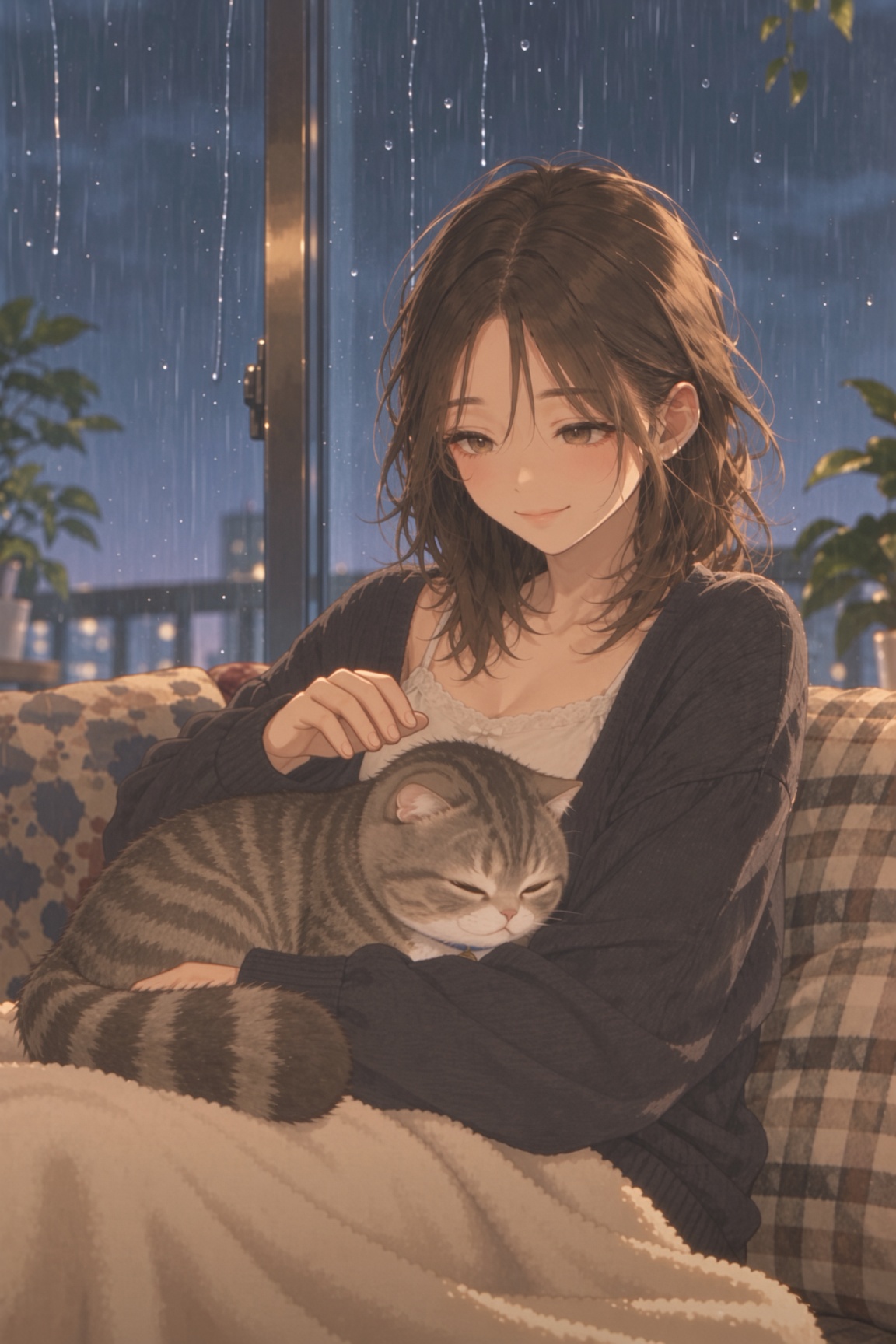 Mio on the couch by a rainy window, petting Mugi asleep in her lap