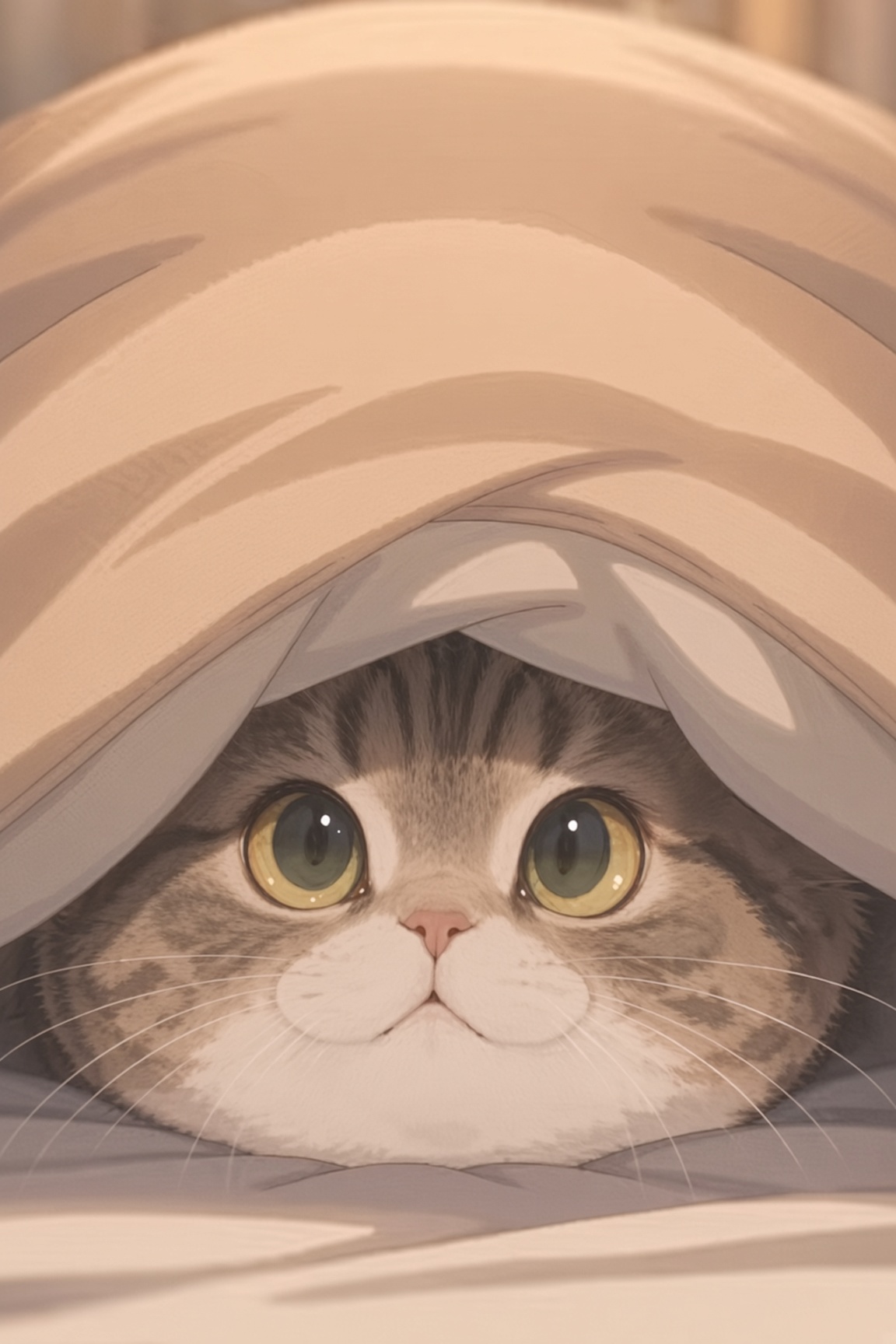 Mugi peeking out wide-eyed from under a blanket
